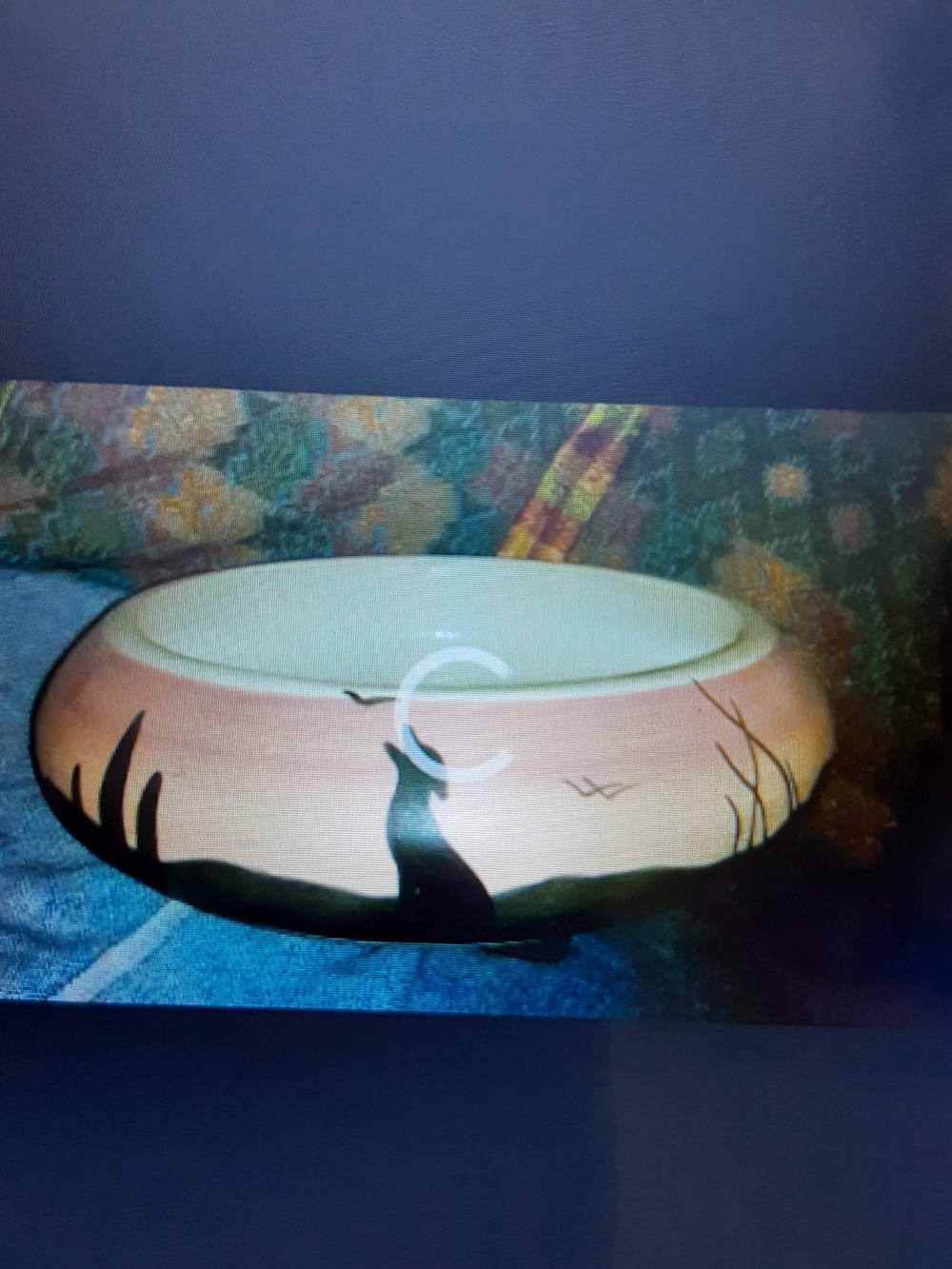 Pink Black Glazed Ceramic Bowl with Black Grass Motif